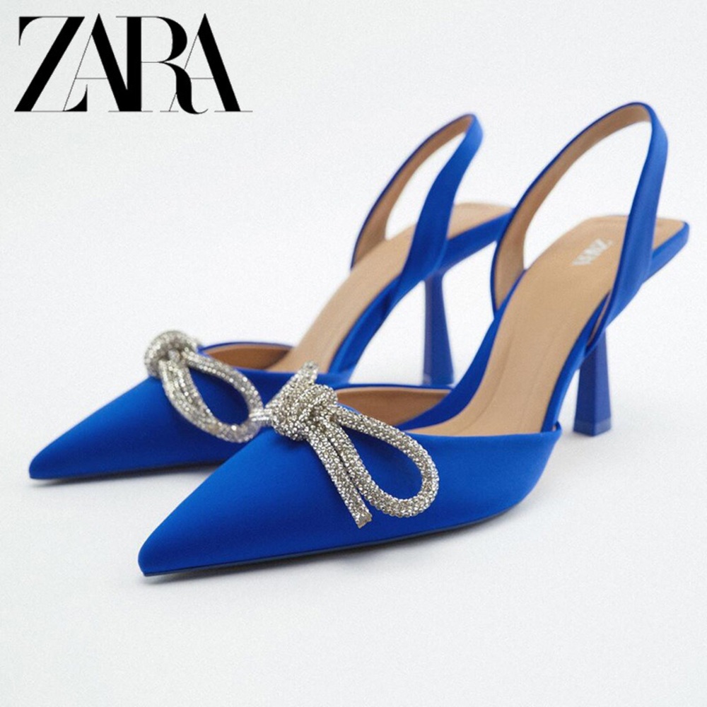 Zara Blue Satin Look Sling Heels Rhinestone Bows Women Shoe Sz. 37 US 6.5